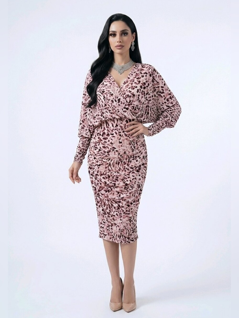VENUS Pink Leopard Print Ruched Midi Dress